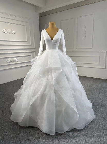 Long Sleeve Ruffled Tulle Wedding Dress Simple V-neck Ball Gown 67310-wedding dresses 2025 -Viniodress-Ivory-Custom Size-