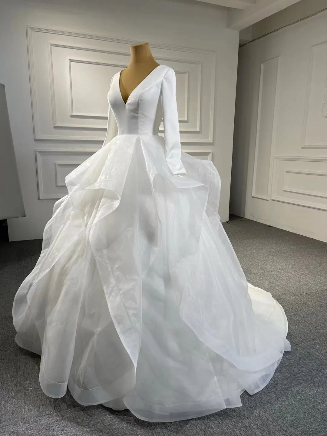 Long Sleeve Ruffled Tulle Wedding Dress Simple V-neck Ball Gown 67310-wedding dresses 2025 -Viniodress-Ivory-Custom Size-