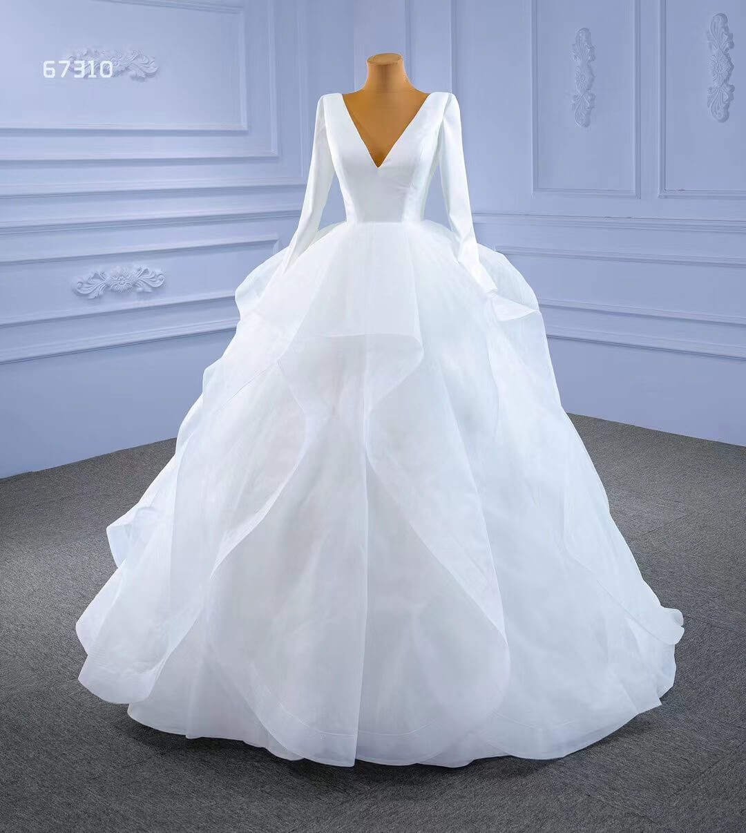 Long Sleeve Ruffled Tulle Wedding Dress Simple V-neck Ball Gown 67310-wedding dresses-Viniodress-Viniodress