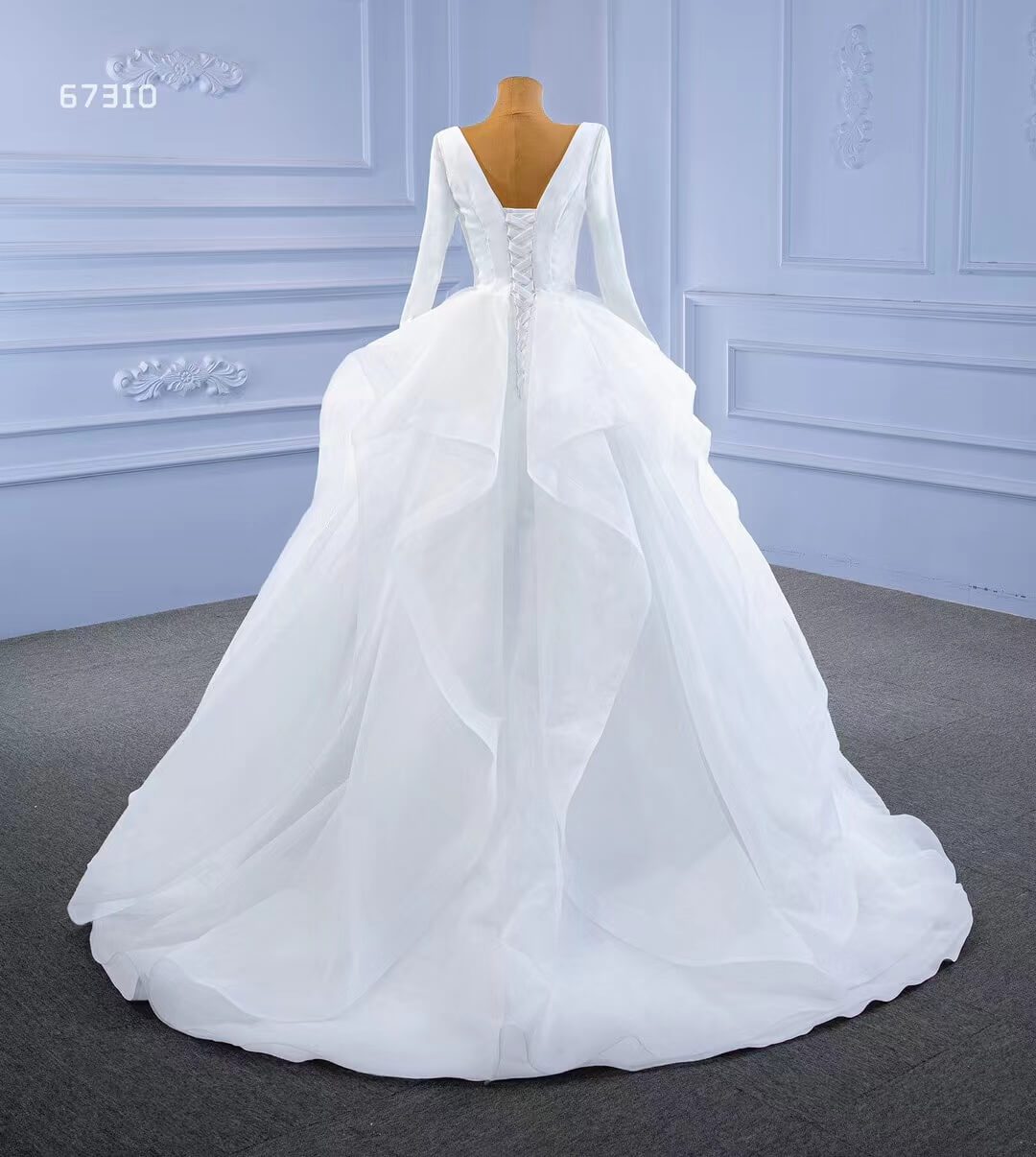 Long Sleeve Ruffled Tulle Wedding Dress Simple V-neck Ball Gown 67310-wedding dresses-Viniodress-Viniodress