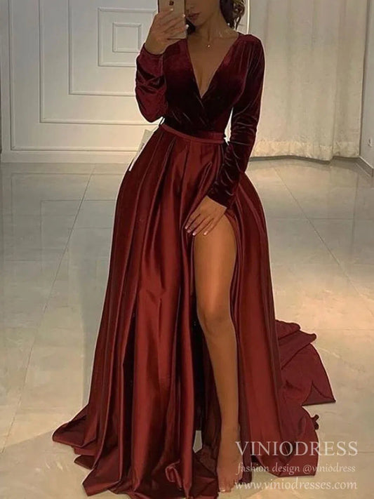 Long Sleeve Satin Burgundy Prom Dresses with High Slit & Velvet Bodice & Pockets FD1595B-prom dresses 2025 -Viniodress-Burgundy-Custom Size-