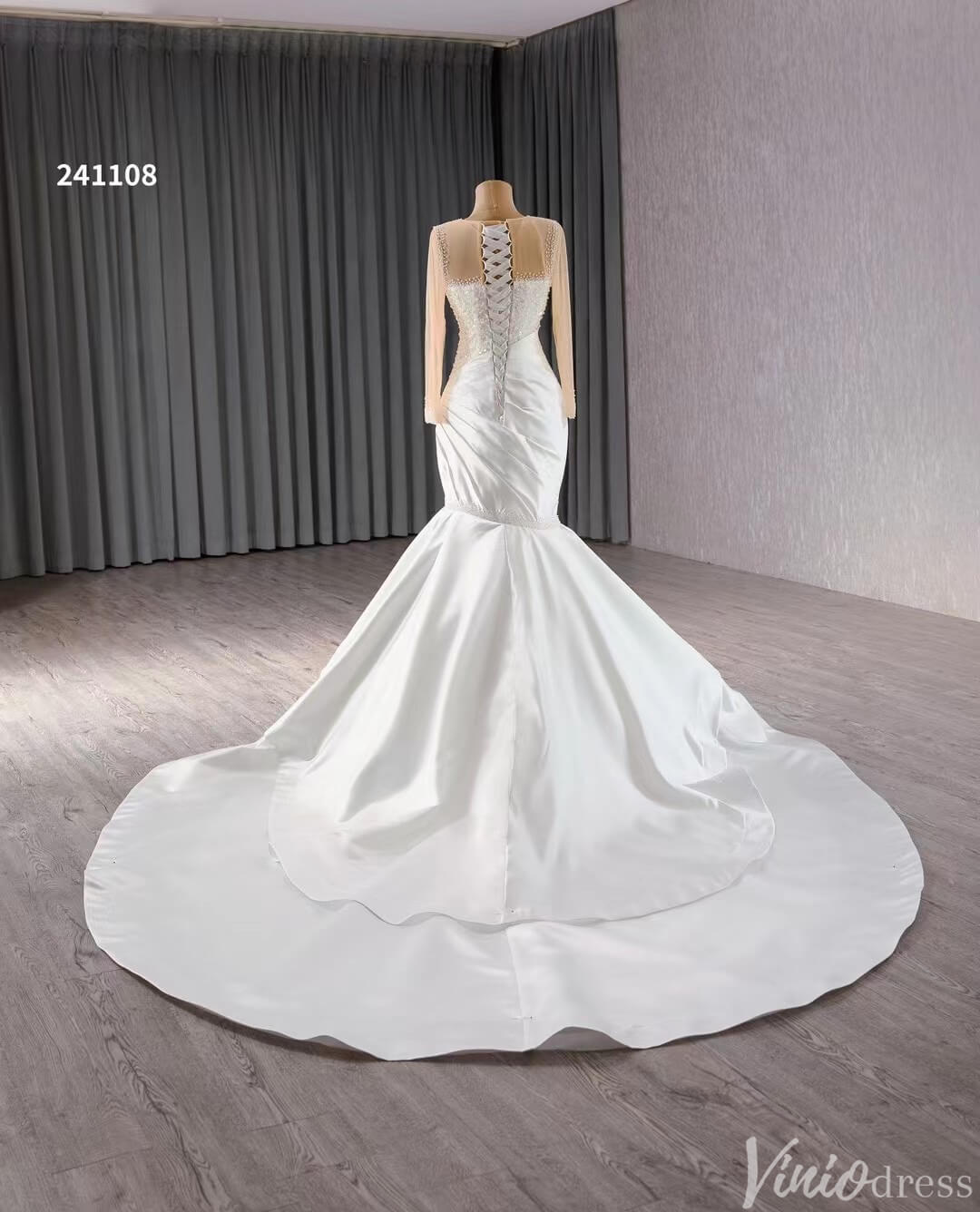 Long Sleeve Satin Mermaid Wedding Dresses Corset Back 241108-wedding dresses 2025 -Viniodress-Ivory-Custom Size-