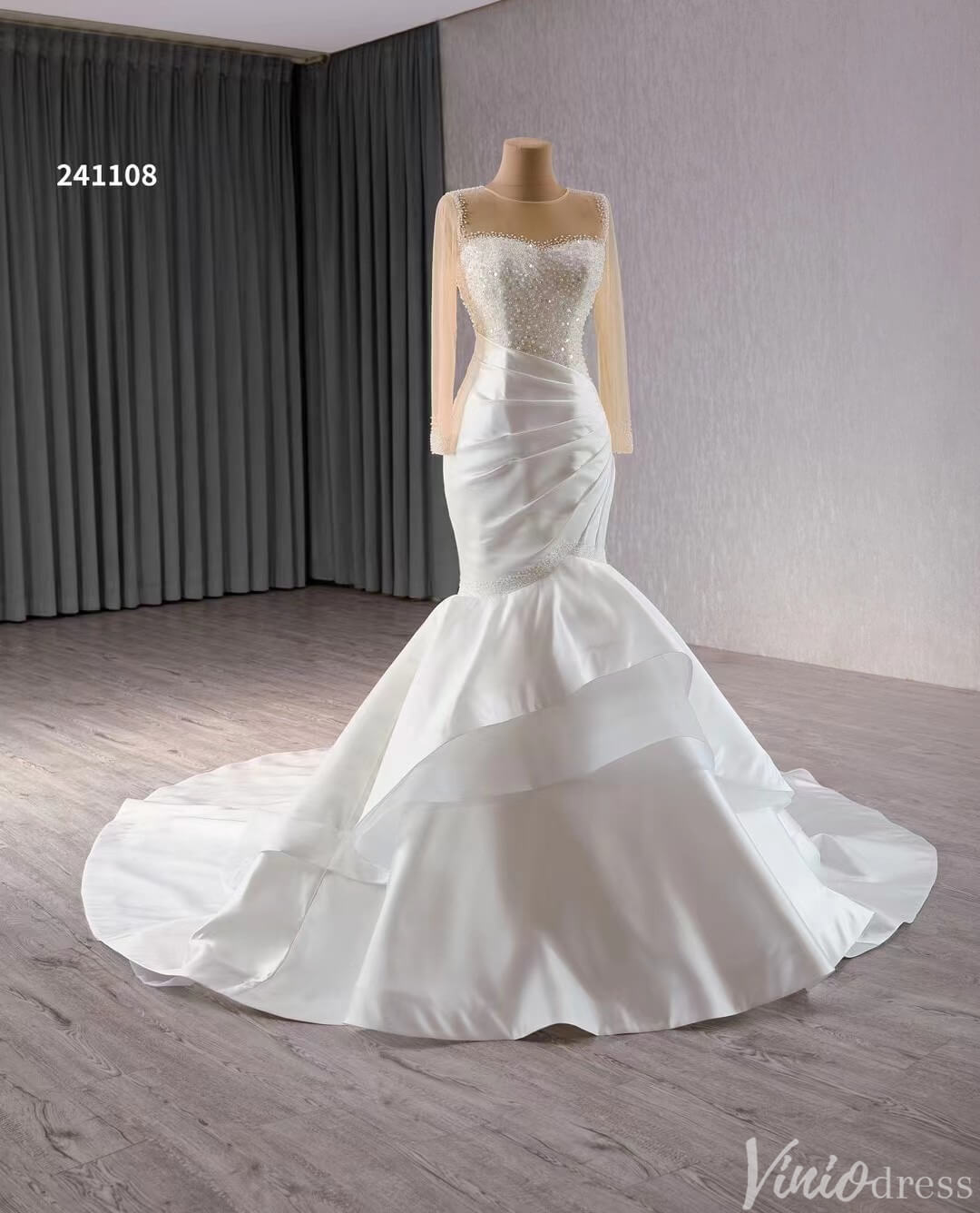 Long Sleeve Satin Mermaid Wedding Dresses Corset Back 241108-wedding dresses 2025 -Viniodress-Ivory-Custom Size-