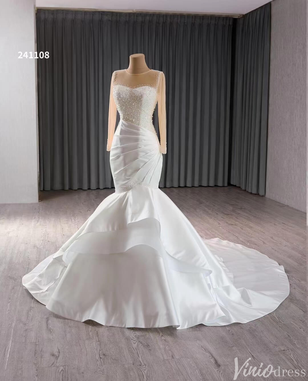 Long Sleeve Satin Mermaid Wedding Dresses Corset Back 241108-wedding dresses 2025 -Viniodress-Ivory-Custom Size-