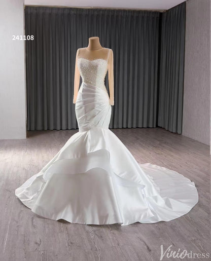 Long Sleeve Satin Mermaid Wedding Dresses Corset Back 241108-wedding dresses 2025 -Viniodress-Ivory-Custom Size-