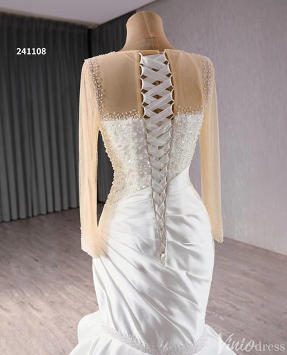Long Sleeve Satin Mermaid Wedding Dresses Corset Back 241108-wedding dresses 2025 -Viniodress-Ivory-Custom Size-