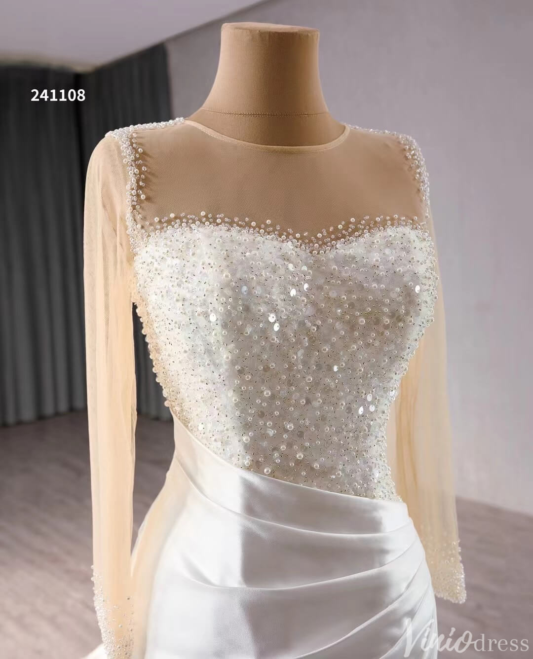 Long Sleeve Satin Mermaid Wedding Dresses Corset Back 241108-wedding dresses 2025 -Viniodress-Ivory-Custom Size-