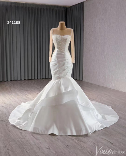 Long Sleeve Satin Mermaid Wedding Dresses Corset Back 241108-wedding dresses 2025 -Viniodress-Ivory-Custom Size-