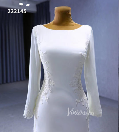 Long Sleeve Satin Modern Wedding Dresses Lace Train 222145-wedding dresses 2025 -Viniodress-Ivory-Custom Size-