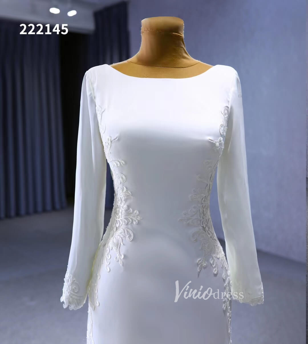 Long Sleeve Satin Modern Wedding Dresses Lace Train 222145-wedding dresses 2025 -Viniodress-Ivory-Custom Size-