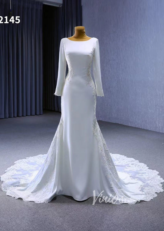 Long Sleeve Satin Modern Wedding Dresses Lace Train 222145 - Viniodresswedding dressesIvoryCustom Size - Formal Dresses - Ball Gowns