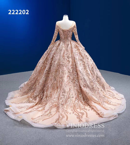 Long Sleeve Sequin Ball Gowns Rose Gold Wedding Dresses 222202-Quinceanera Dresses 2025 -Viniodress-Gold-Custom Size-