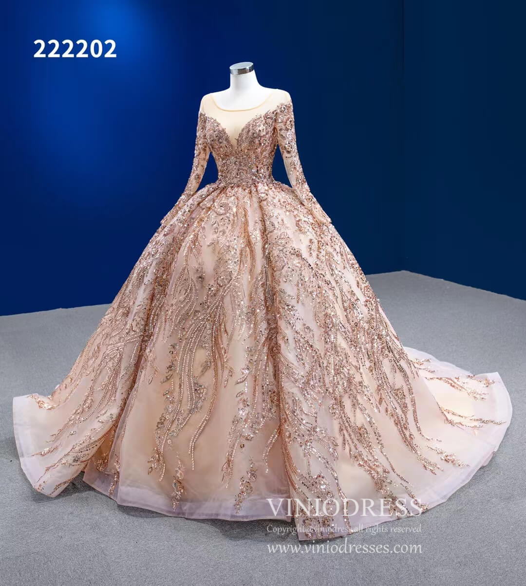 Long Sleeve Sequin Ball Gowns Rose Gold Wedding Dresses 222202-Quinceanera Dresses-Viniodress-Viniodress