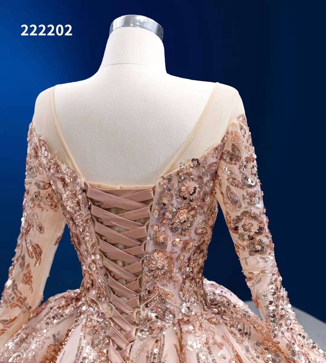 Long Sleeve Sequin Ball Gowns Rose Gold Wedding Dresses 222202-Quinceanera Dresses-Viniodress-Viniodress