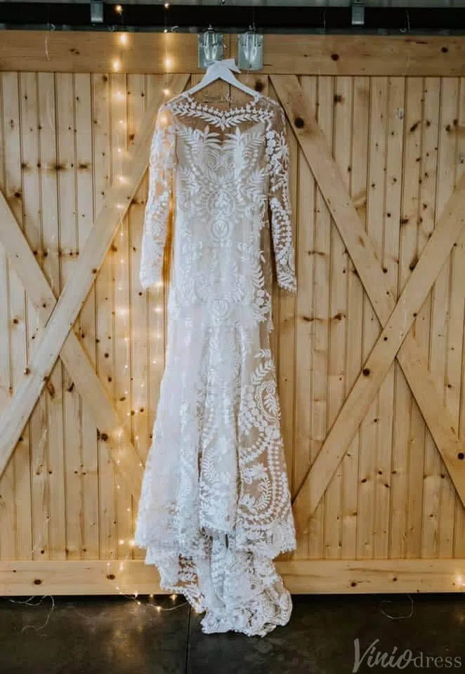 Long Sleeve Sheath Boho Wedding Dresses Nude Lace Bridal Gown RDS001B-wedding dresses-Viniodress