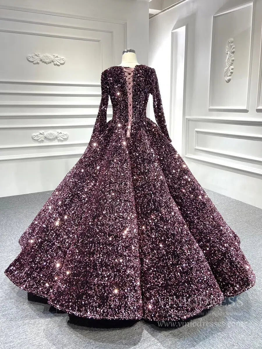 Long Sleeve Shiny Quinceanera Dresses 66991 Boat Neck-Quinceanera Dresses 2025 -Viniodress-Pink-Custom Size-