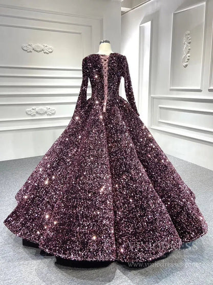 Long Sleeve Shiny Quinceanera Dresses 66991 Boat Neck-Quinceanera Dresses 2025 -Viniodress-Pink-Custom Size-