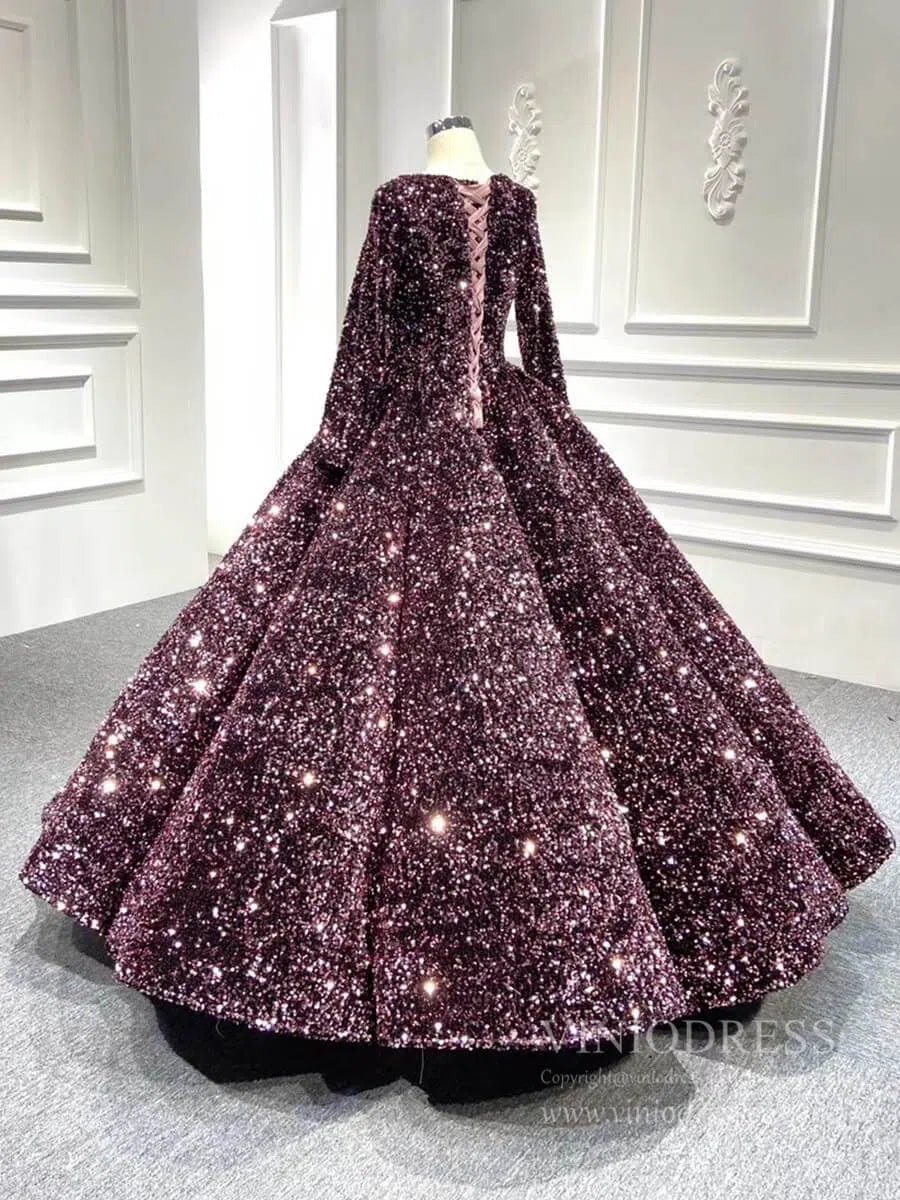 Long Sleeve Shiny Quinceanera Dresses 66991 Boat Neck-Quinceanera Dresses 2025 -Viniodress-Pink-Custom Size-