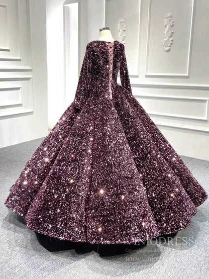 Long Sleeve Shiny Quinceanera Dresses 66991 Boat Neck-Quinceanera Dresses 2025 -Viniodress-Pink-Custom Size-