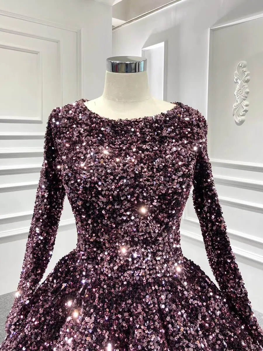 Long Sleeve Shiny Quinceanera Dresses 66991 Boat Neck-Quinceanera Dresses 2025 -Viniodress-Pink-Custom Size-