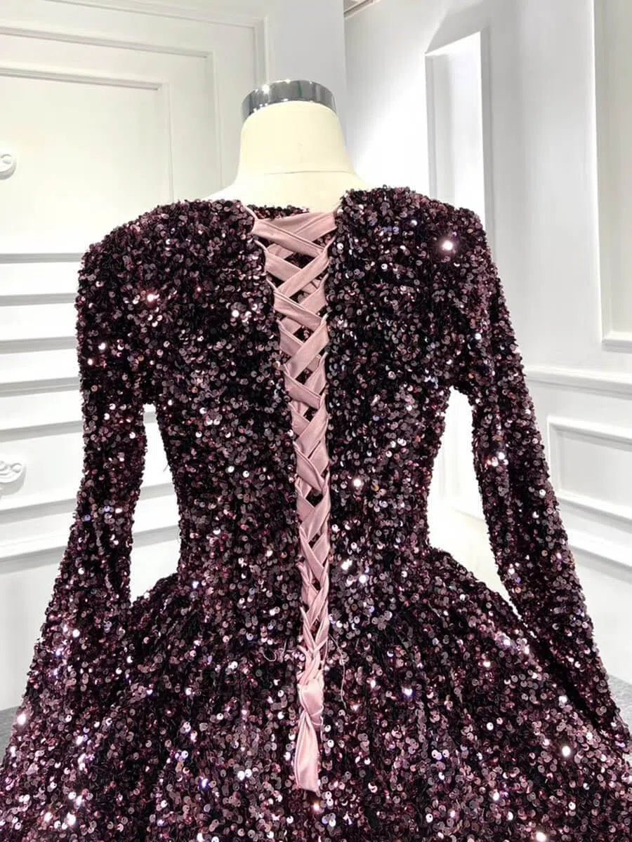 Long Sleeve Shiny Quinceanera Dresses 66991 Boat Neck-Quinceanera Dresses 2025 -Viniodress-Pink-Custom Size-