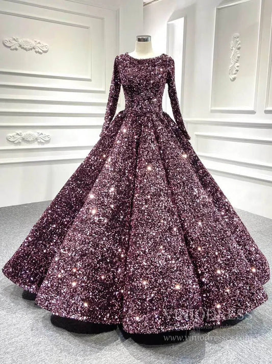 Long Sleeve Shiny Quinceanera Dresses 66991 Boat Neck-Quinceanera Dresses 2025 -Viniodress-Pink-Custom Size-