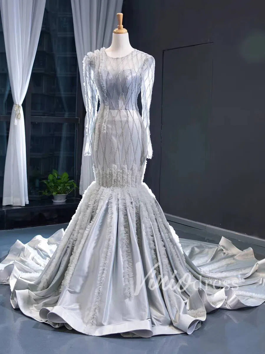 Long Sleeve Silver Beaded Mermaid Pageant Dresses FD1477 viniodress-prom dresses 2025 -Viniodress-Silver-Custom Size-