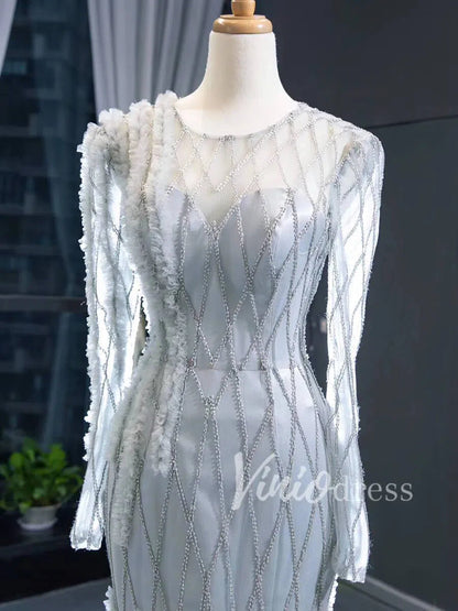 Long Sleeve Silver Beaded Mermaid Pageant Dresses FD1477 viniodress-prom dresses 2025 -Viniodress-Silver-Custom Size-