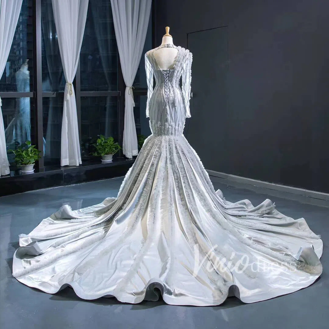 Long Sleeve Silver Beaded Mermaid Pageant Dresses FD1477 viniodress-prom dresses 2025 -Viniodress-Silver-Custom Size-