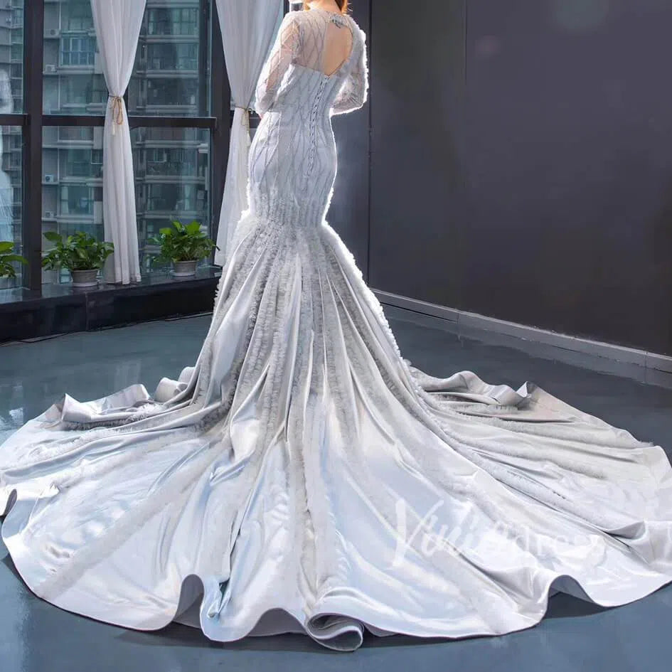 Long Sleeve Silver Beaded Mermaid Pageant Dresses FD1477 viniodress-prom dresses 2025 -Viniodress-Silver-Custom Size-