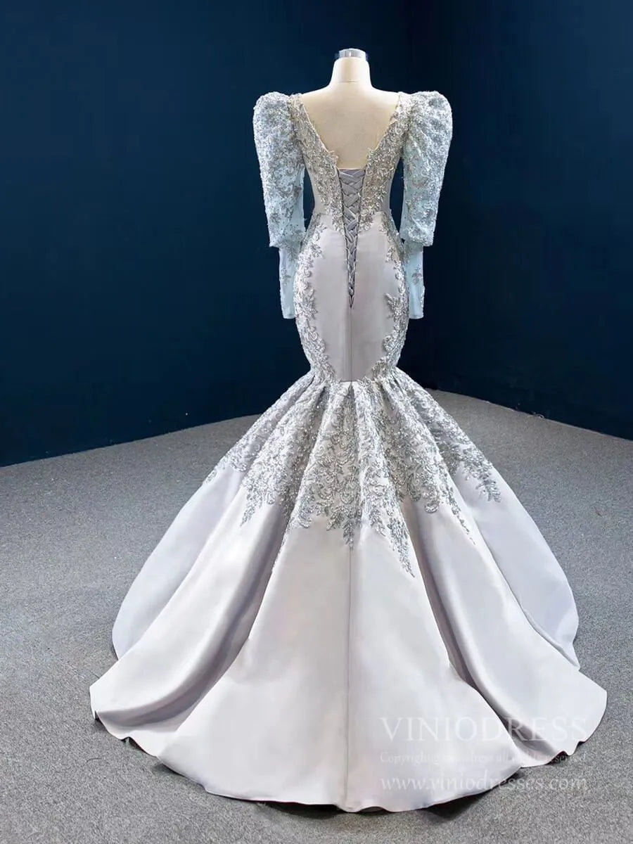Long Sleeve Silver Pageant Gown Vitnage Mermaid Prom Dresses FD2433 viniodress-prom dresses 2025 -Viniodress-As Picture-Custom Size-