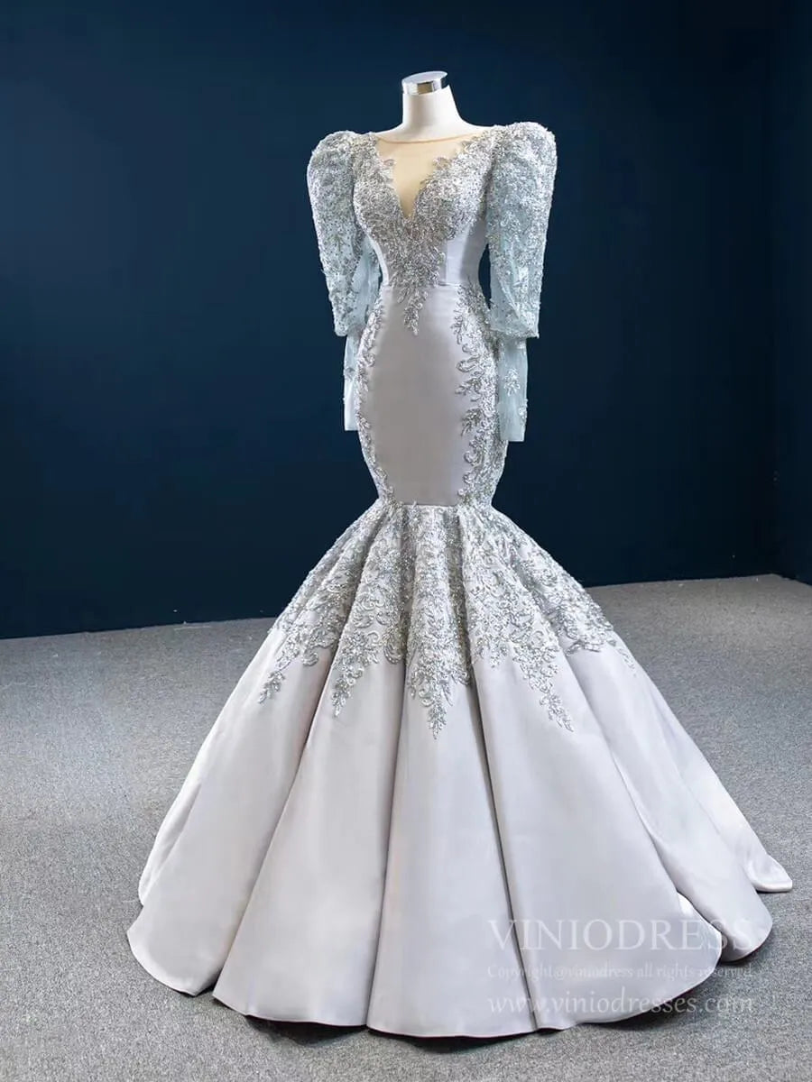 Long Sleeve Silver Pageant Gown Vitnage Mermaid Prom Dresses FD2433 viniodress-prom dresses 2025 -Viniodress-As Picture-Custom Size-