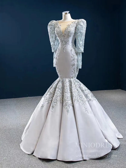 Long Sleeve Silver Pageant Gown Vitnage Mermaid Prom Dresses FD2433 viniodress-prom dresses 2025 -Viniodress-As Picture-Custom Size-