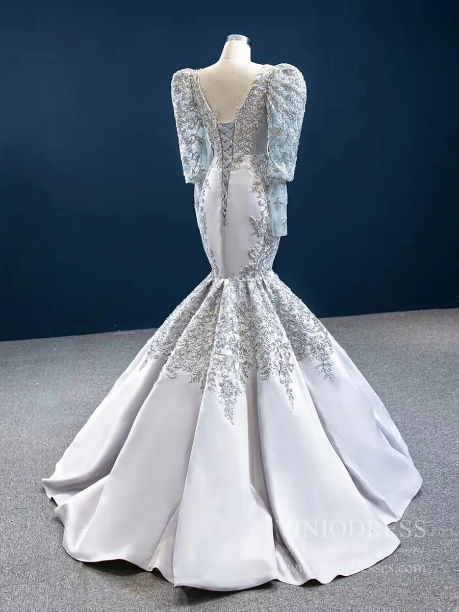 Long Sleeve Silver Pageant Gown Vitnage Mermaid Prom Dresses FD2433 viniodress-prom dresses 2025 -Viniodress-As Picture-Custom Size-