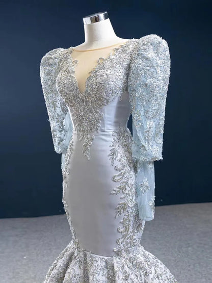 Long Sleeve Silver Pageant Gown Vitnage Mermaid Prom Dresses FD2433 viniodress-prom dresses 2025 -Viniodress-As Picture-Custom Size-