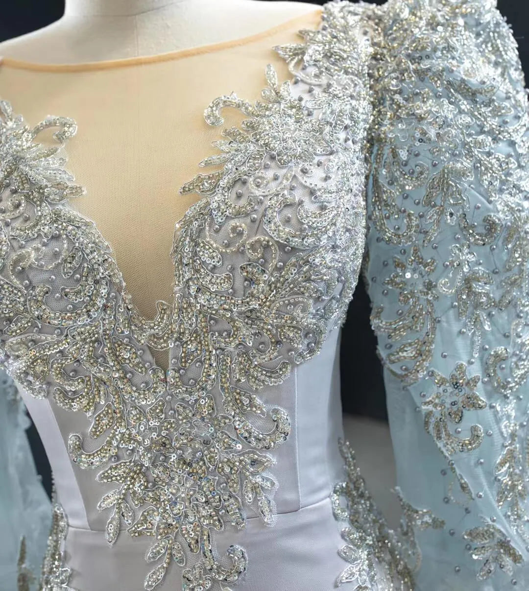 Long Sleeve Silver Pageant Gown Vitnage Mermaid Prom Dresses FD2433 viniodress-prom dresses 2025 -Viniodress-As Picture-Custom Size-