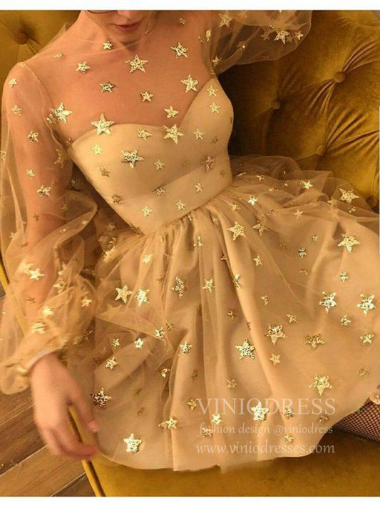 Long Sleeve Sparkly Black Star Tulle Cocktail Dresses Chic Hoco Dress SD1249-Homecoming Dresses 2025 -Viniodress-Champagne-Custom Size-
