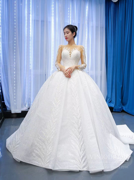 Long Sleeve Sparkly Lace Ball Gown Wedding Dresses 67235-wedding dresses 2025 -Viniodress-Ivory-Custom Size-