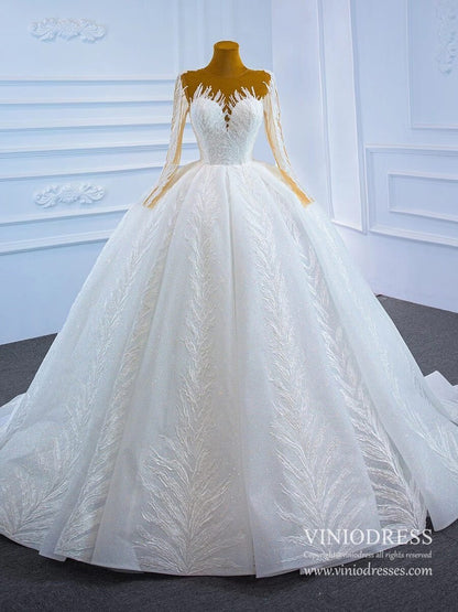 Long Sleeve Sparkly Lace Ball Gown Wedding Dresses 67235-wedding dresses 2025 -Viniodress-Ivory-Custom Size-