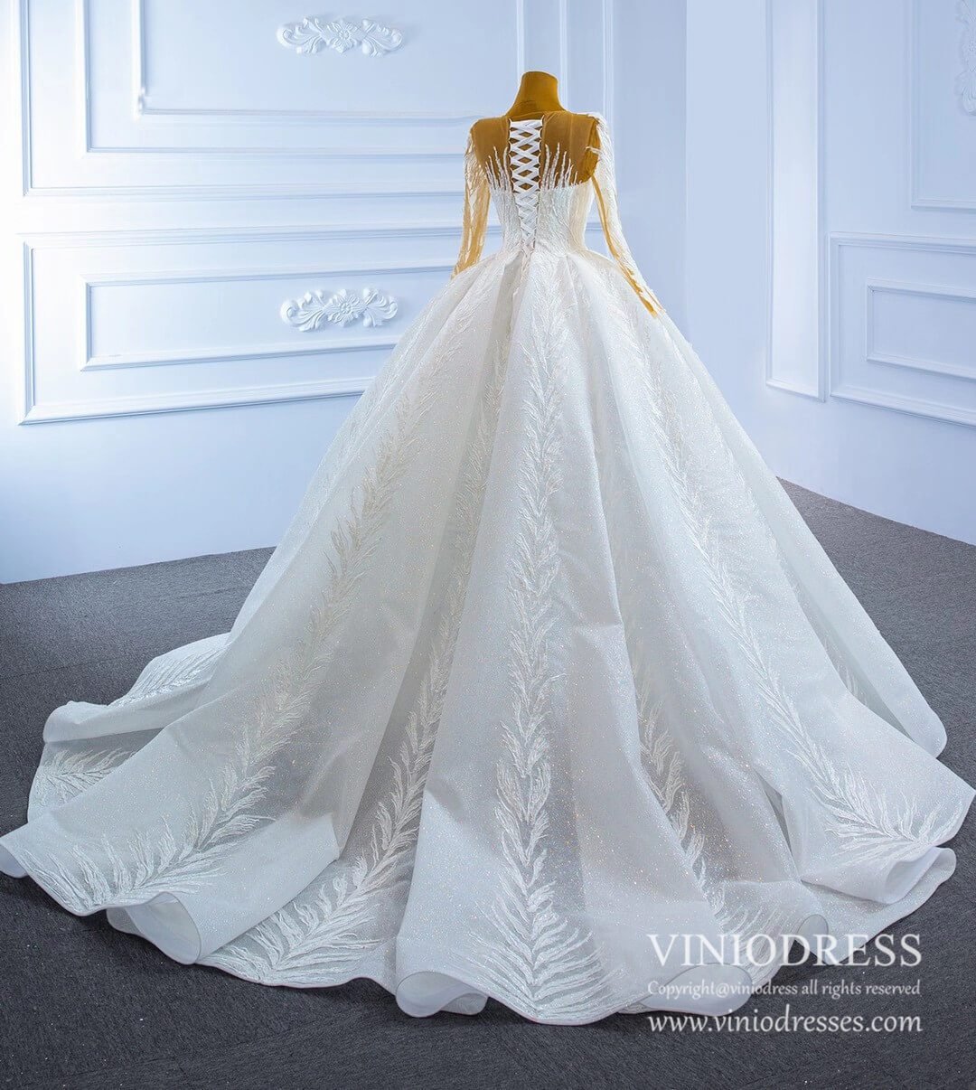 Long Sleeve Sparkly Lace Ball Gown Wedding Dresses 67235-wedding dresses 2025 -Viniodress-Ivory-Custom Size-