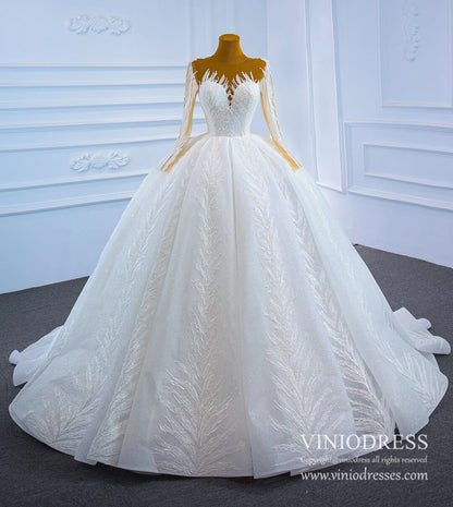 Long Sleeve Sparkly Lace Ball Gown Wedding Dresses 67235-wedding dresses 2025 -Viniodress-Ivory-Custom Size-