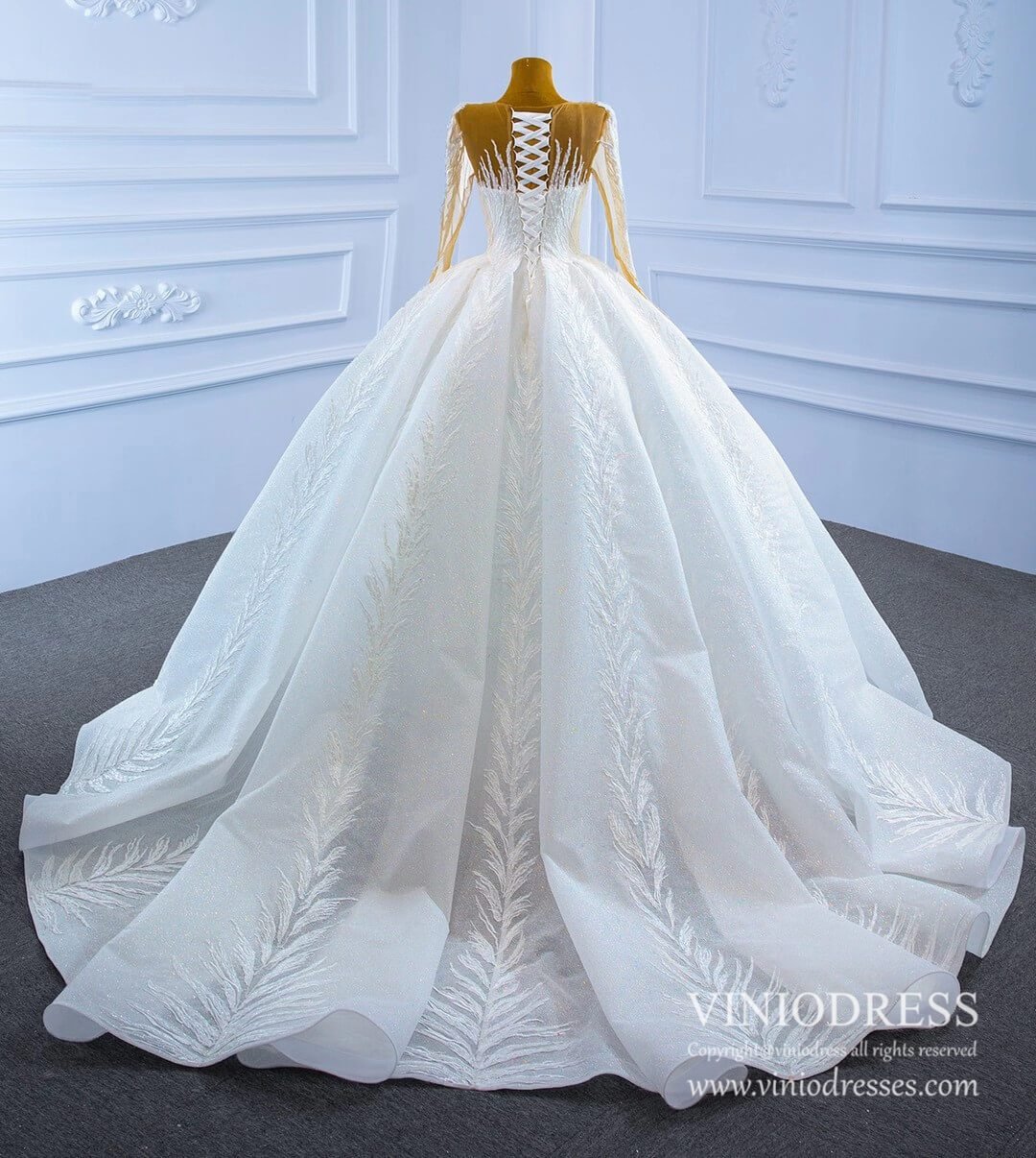 Long Sleeve Sparkly Lace Ball Gown Wedding Dresses 67235-wedding dresses 2025 -Viniodress-Ivory-Custom Size-