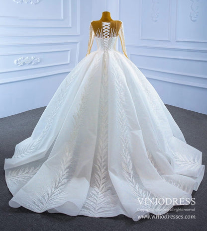 Long Sleeve Sparkly Lace Ball Gown Wedding Dresses 67235-wedding dresses 2025 -Viniodress-Ivory-Custom Size-
