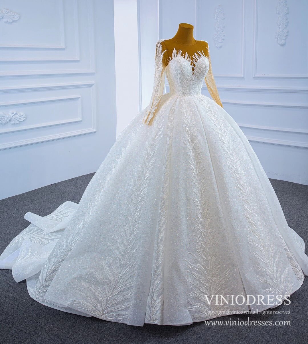 Long Sleeve Sparkly Lace Ball Gown Wedding Dresses 67235-wedding dresses 2025 -Viniodress-Ivory-Custom Size-