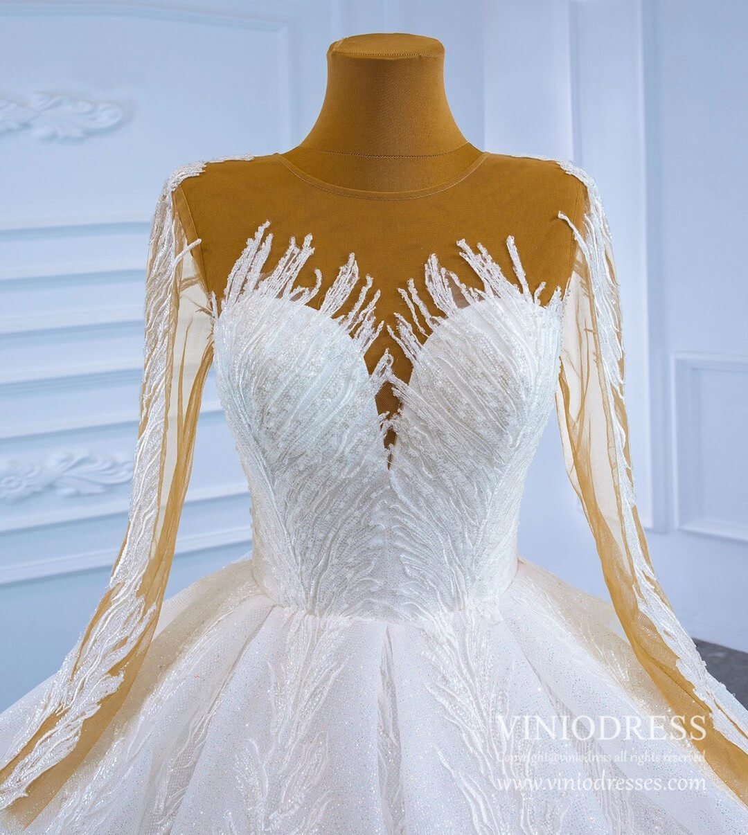 Long Sleeve Sparkly Lace Ball Gown Wedding Dresses 67235-wedding dresses 2025 -Viniodress-Ivory-Custom Size-