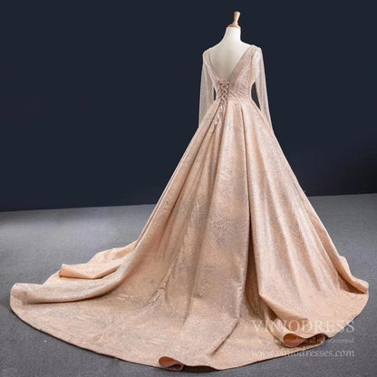 Long Sleeve Sparkly Rose Gold Ball Gown Wedding Dresses FD1997 viniodress-prom dresses 2025 -Viniodress-Champagne-Custom Size-
