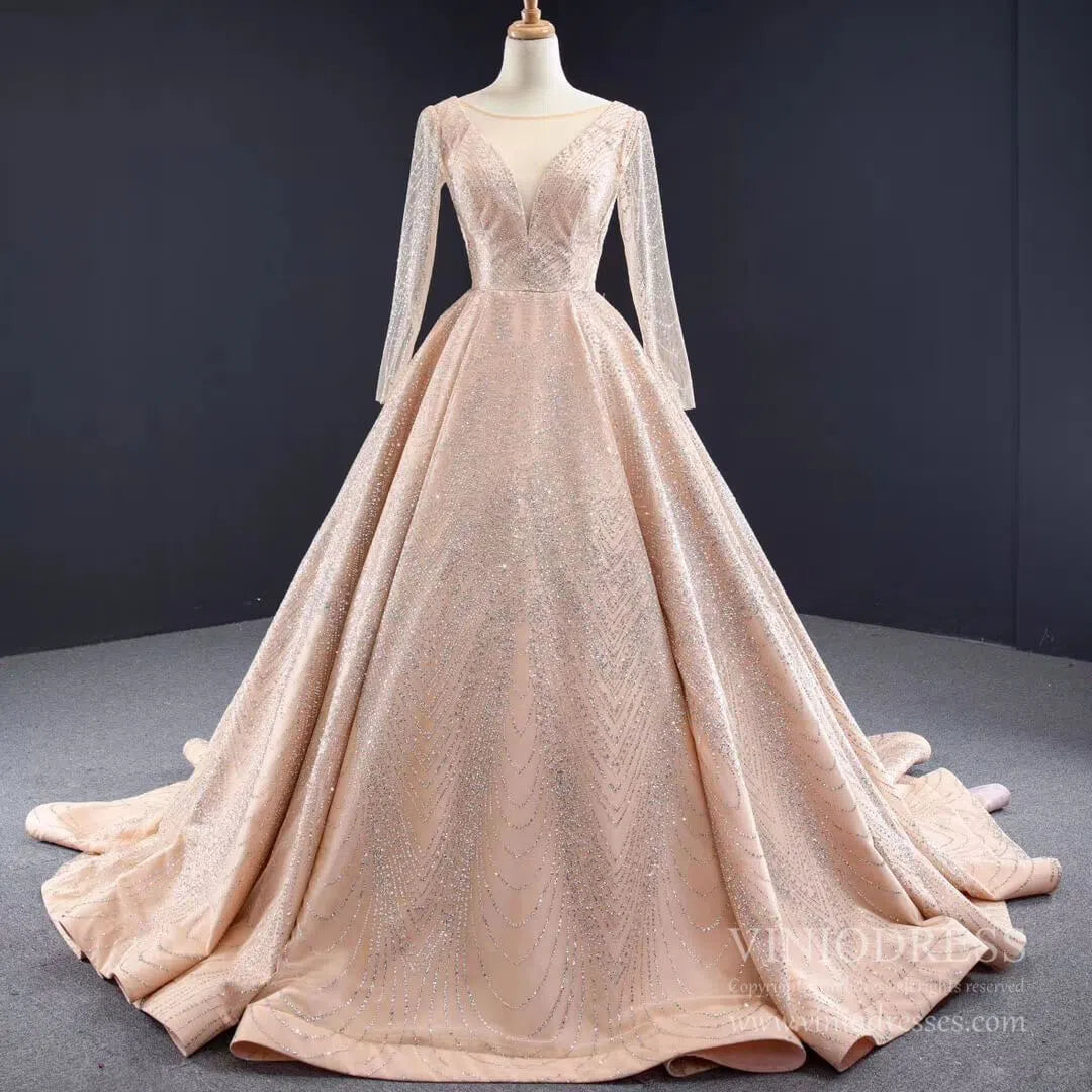Long Sleeve Sparkly Rose Gold Ball Gown Wedding Dresses FD1997 viniodress-prom dresses 2025 -Viniodress-Champagne-Custom Size-