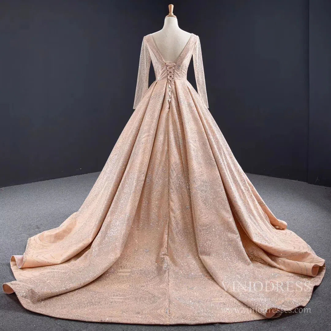 Long Sleeve Sparkly Rose Gold Ball Gown Wedding Dresses FD1997 viniodress-prom dresses 2025 -Viniodress-Champagne-Custom Size-