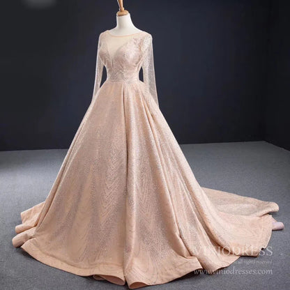 Long Sleeve Sparkly Rose Gold Ball Gown Wedding Dresses FD1997 viniodress-prom dresses 2025 -Viniodress-Champagne-Custom Size-
