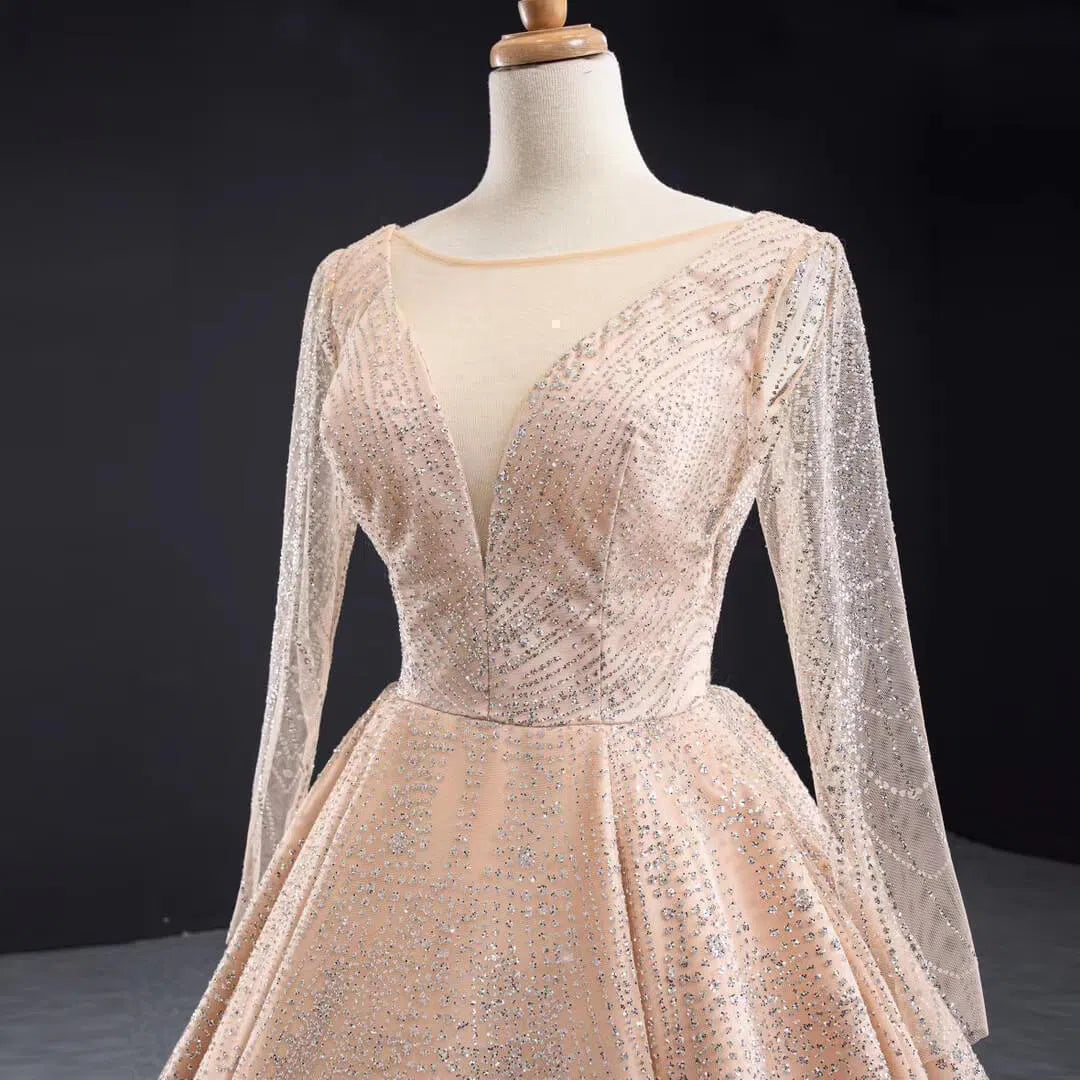 Long Sleeve Sparkly Rose Gold Ball Gown Wedding Dresses FD1997 viniodress-prom dresses 2025 -Viniodress-Champagne-Custom Size-